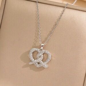 18K White Gold (Rhodium) Pretzel Bread Knot Necklace W/ Pave Diamond (No Fade)